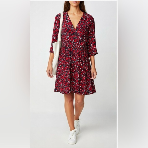 NY&Co Midi Dress w/ Red Floral Print on Navy, 3/4 Sleeve V-neck Belted sz L - Picture 16 of 16